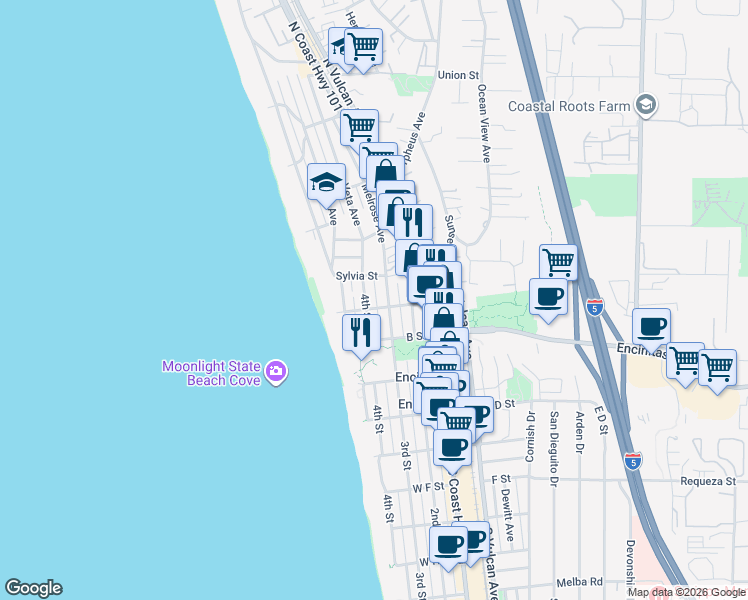 map of restaurants, bars, coffee shops, grocery stores, and more near 147 4th Street in Encinitas