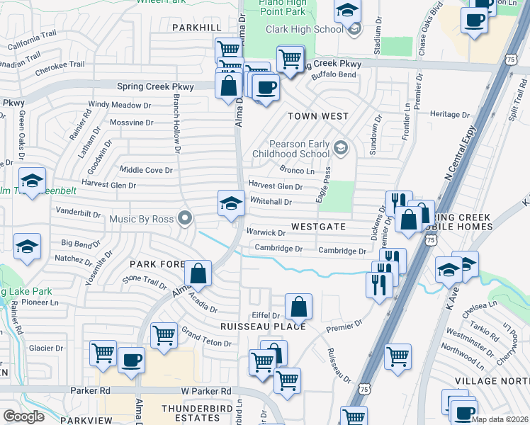 map of restaurants, bars, coffee shops, grocery stores, and more near 857 Arbor Downs Drive in Plano