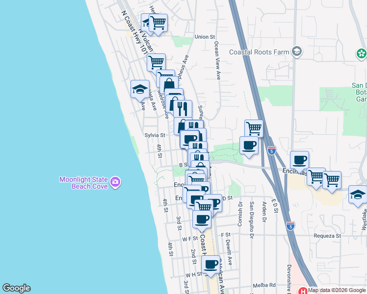 map of restaurants, bars, coffee shops, grocery stores, and more near 126 A Street in Encinitas
