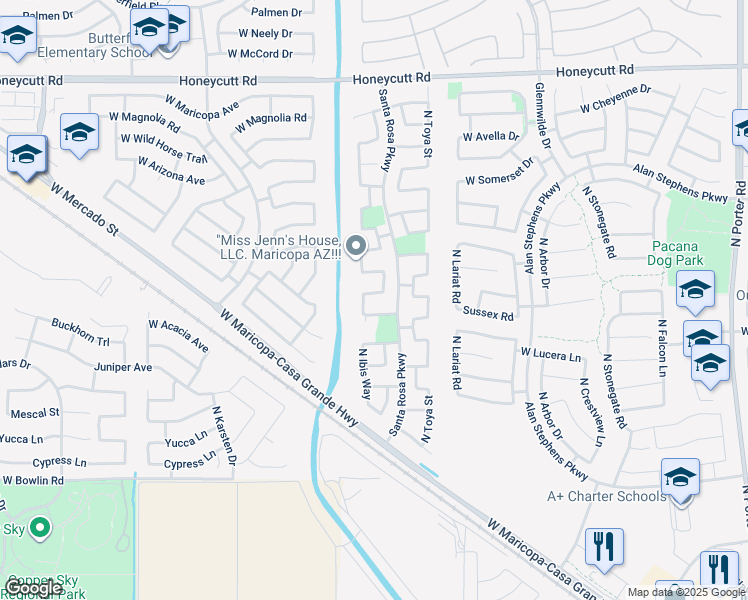 map of restaurants, bars, coffee shops, grocery stores, and more near 42961 West Camino De Janos in Maricopa
