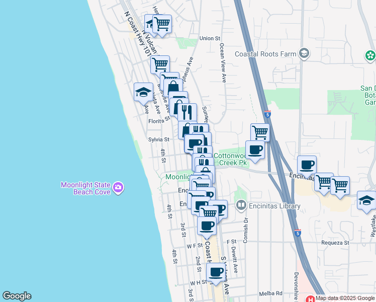 map of restaurants, bars, coffee shops, grocery stores, and more near 130 A Street in Encinitas