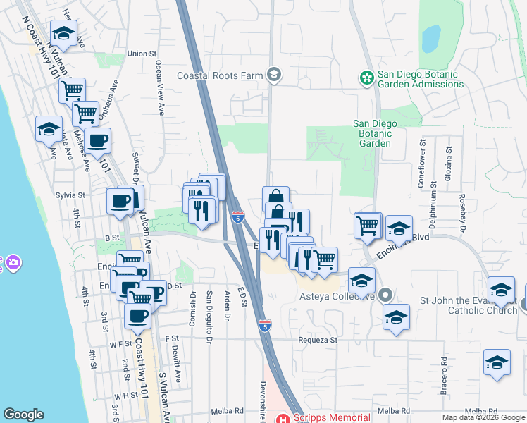 map of restaurants, bars, coffee shops, grocery stores, and more near 223 Mangano Circle in Encinitas