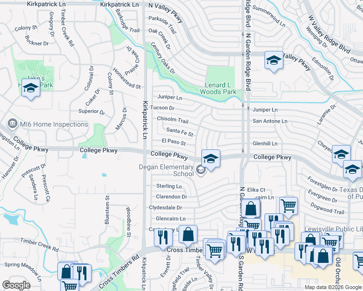 map of restaurants, bars, coffee shops, grocery stores, and more near 1813 College Parkway in Lewisville