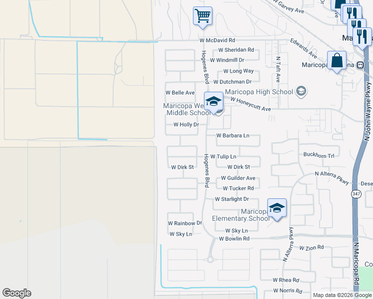 map of restaurants, bars, coffee shops, grocery stores, and more near 46001 Tulip Lane in Maricopa
