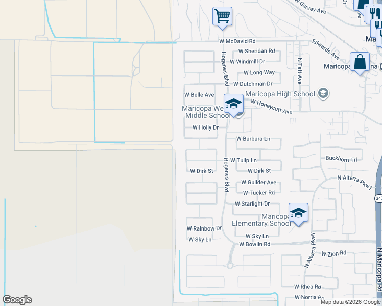 map of restaurants, bars, coffee shops, grocery stores, and more near 46141 Tulip Lane in Maricopa