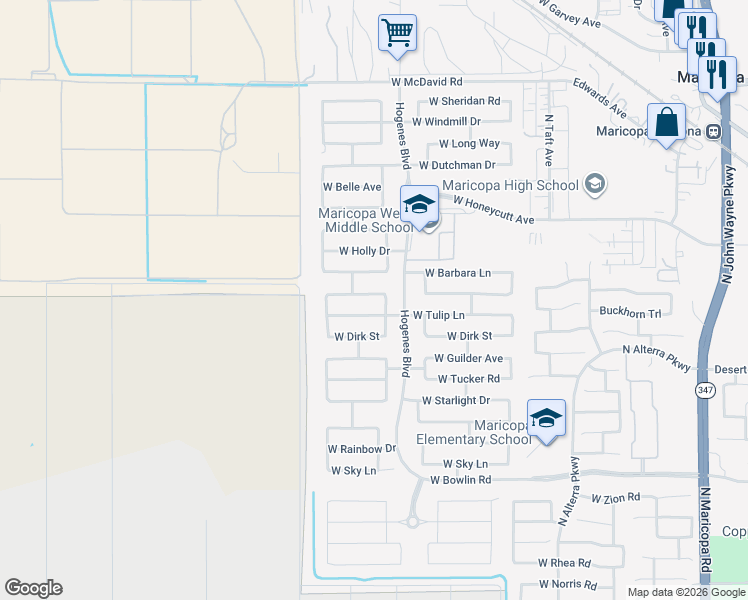 map of restaurants, bars, coffee shops, grocery stores, and more near 46001 Tulip Lane in Maricopa