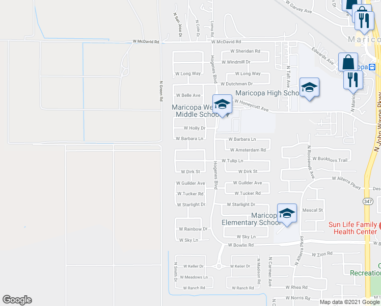 map of restaurants, bars, coffee shops, grocery stores, and more near 46141 Tulip Lane in Maricopa