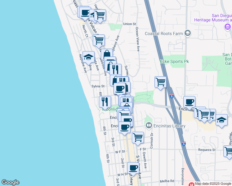 map of restaurants, bars, coffee shops, grocery stores, and more near 132 A Street in Encinitas