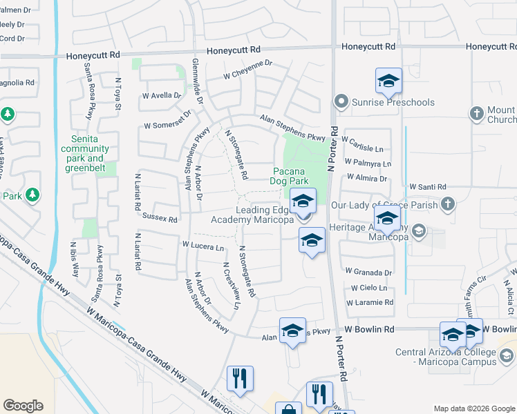 map of restaurants, bars, coffee shops, grocery stores, and more near 41949 West Sussex Drive in Maricopa