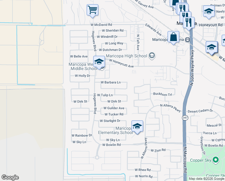 map of restaurants, bars, coffee shops, grocery stores, and more near 45583 Tulip Lane in Maricopa