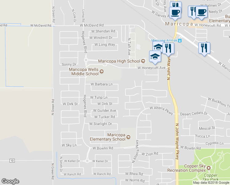 map of restaurants, bars, coffee shops, grocery stores, and more near 45491 West Amsterdam Road in Maricopa