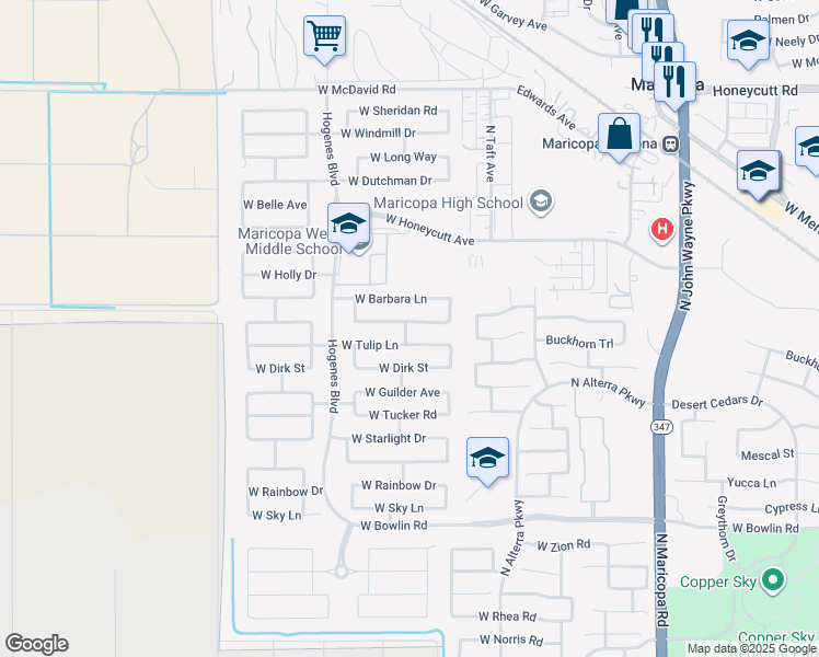 map of restaurants, bars, coffee shops, grocery stores, and more near 45583 Tulip Lane in Maricopa