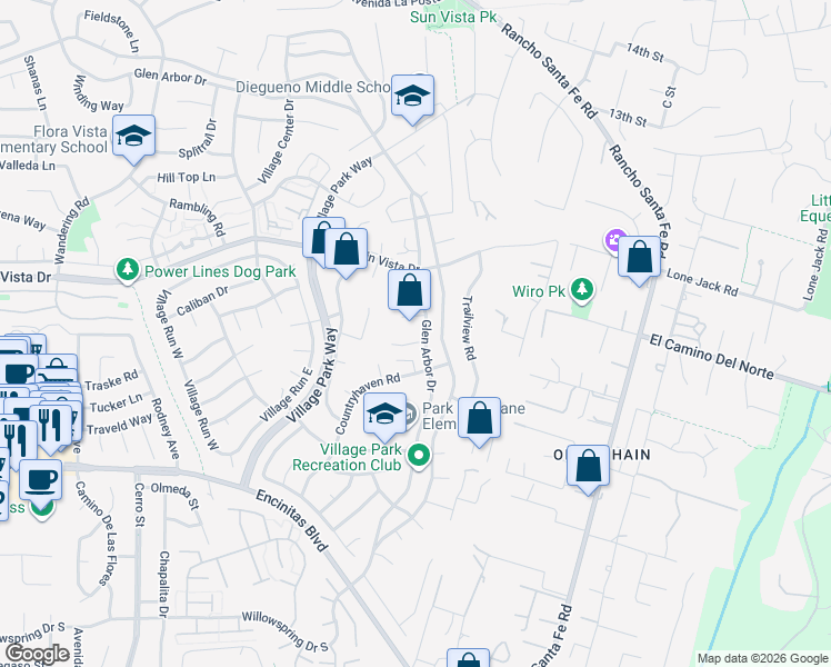 map of restaurants, bars, coffee shops, grocery stores, and more near 2032 Shadytree Lane in Encinitas