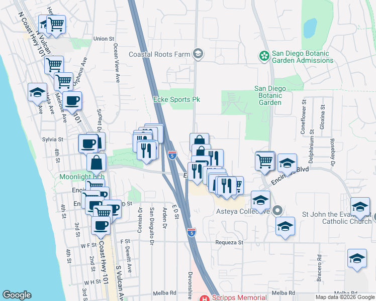 map of restaurants, bars, coffee shops, grocery stores, and more near 223 Mangano Circle in Encinitas