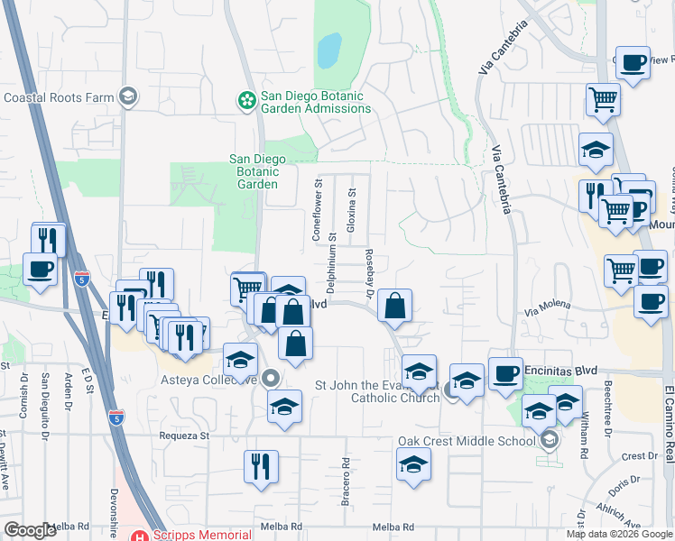 map of restaurants, bars, coffee shops, grocery stores, and more near 733 Snapdragon Street in Encinitas