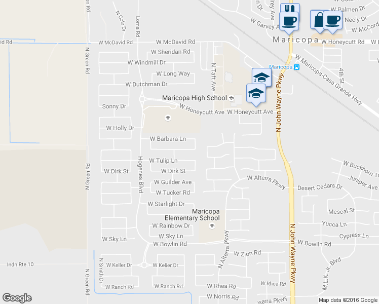 map of restaurants, bars, coffee shops, grocery stores, and more near 45491 West Amsterdam Road in Maricopa