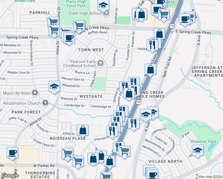 map of restaurants, bars, coffee shops, grocery stores, and more near 700 Arbor Downs Drive in Plano