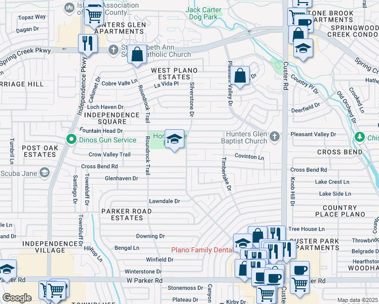 map of restaurants, bars, coffee shops, grocery stores, and more near 2329 Cross Bend Road in Plano