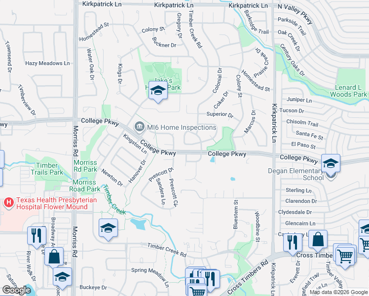 map of restaurants, bars, coffee shops, grocery stores, and more near 1521 Merritt Drive in Flower Mound