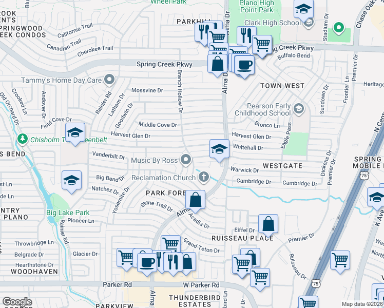 map of restaurants, bars, coffee shops, grocery stores, and more near 925 Whitney Court in Plano