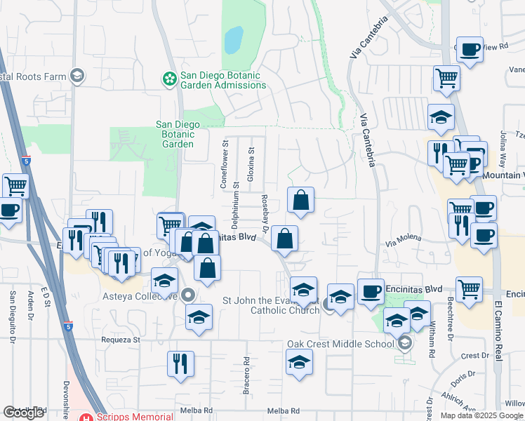 map of restaurants, bars, coffee shops, grocery stores, and more near 751 Teaberry Street in Encinitas