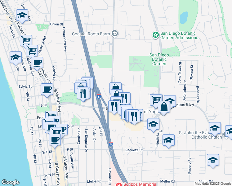 map of restaurants, bars, coffee shops, grocery stores, and more near in Encinitas