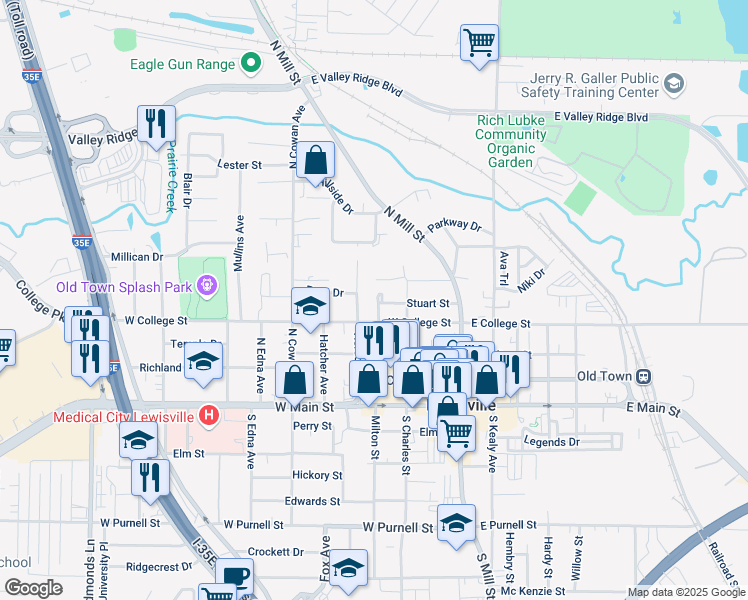 map of restaurants, bars, coffee shops, grocery stores, and more near 241 West College Street in Lewisville