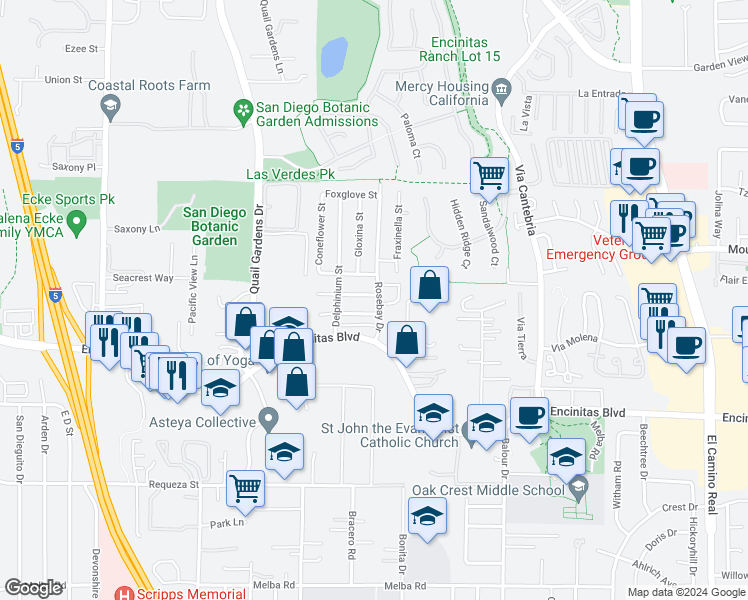map of restaurants, bars, coffee shops, grocery stores, and more near 761 Snapdragon Street in Encinitas