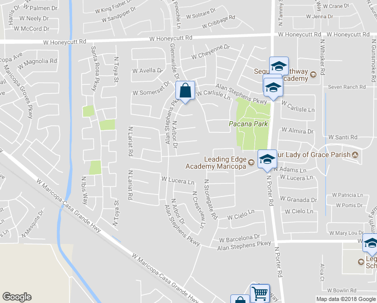 map of restaurants, bars, coffee shops, grocery stores, and more near 42160 West Arvada Court in Maricopa