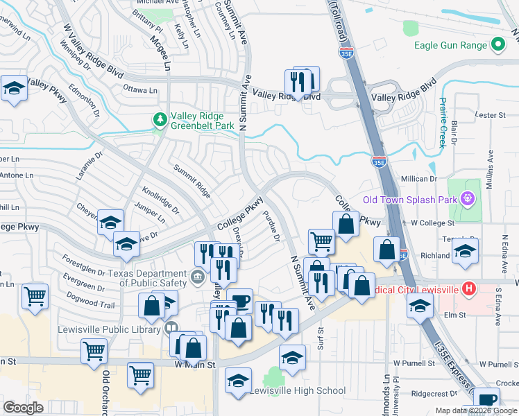 map of restaurants, bars, coffee shops, grocery stores, and more near 1001 Columbia Drive in Lewisville