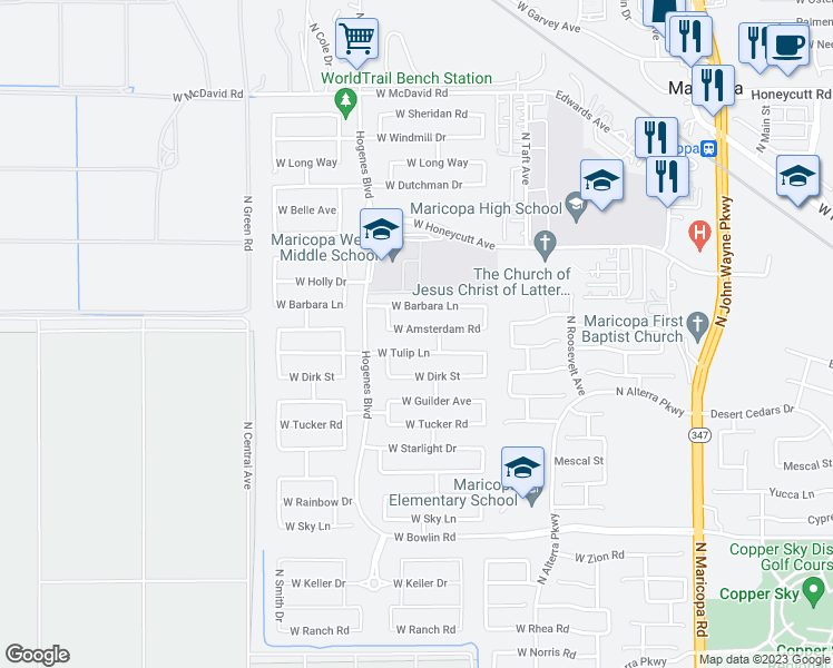 map of restaurants, bars, coffee shops, grocery stores, and more near 45709 Amsterdam Road in Maricopa