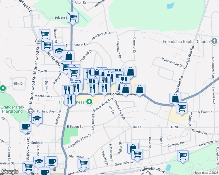 map of restaurants, bars, coffee shops, grocery stores, and more near 161 Commerce Avenue in LaGrange