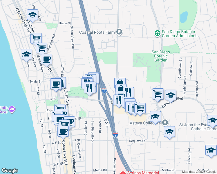 map of restaurants, bars, coffee shops, grocery stores, and more near 107 Mangano Circle in Encinitas