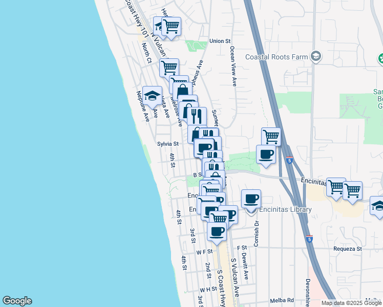 map of restaurants, bars, coffee shops, grocery stores, and more near 216 2nd Street in Encinitas