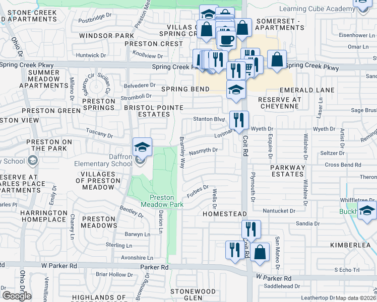 map of restaurants, bars, coffee shops, grocery stores, and more near 4236 Bramley Way in Plano