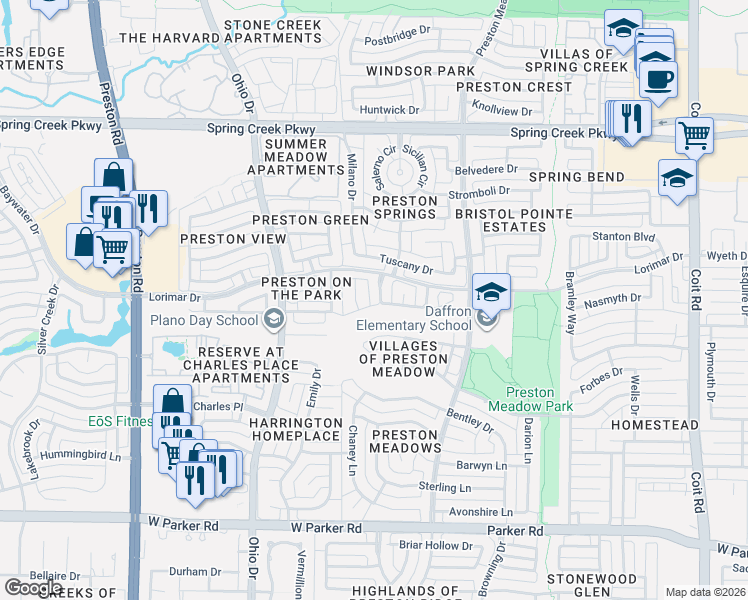 map of restaurants, bars, coffee shops, grocery stores, and more near 4568 Pebble Brook Lane in Plano