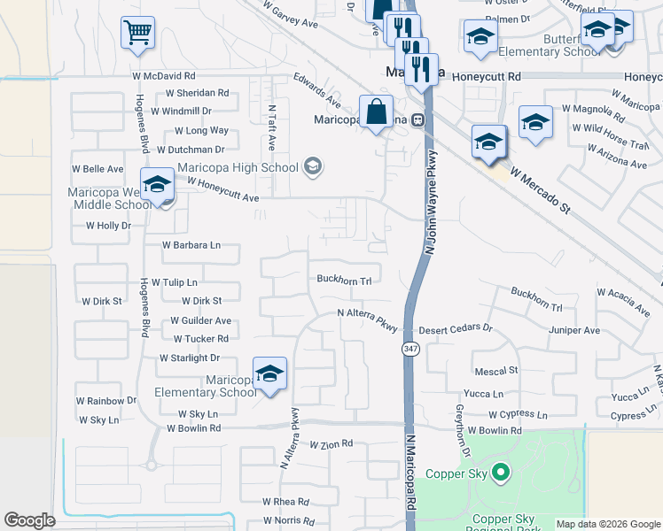 map of restaurants, bars, coffee shops, grocery stores, and more near 45033 Buckhorn Trail in Maricopa