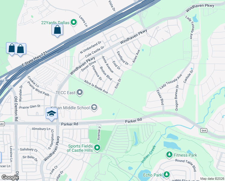 map of restaurants, bars, coffee shops, grocery stores, and more near 2505 Erec Drive in Lewisville