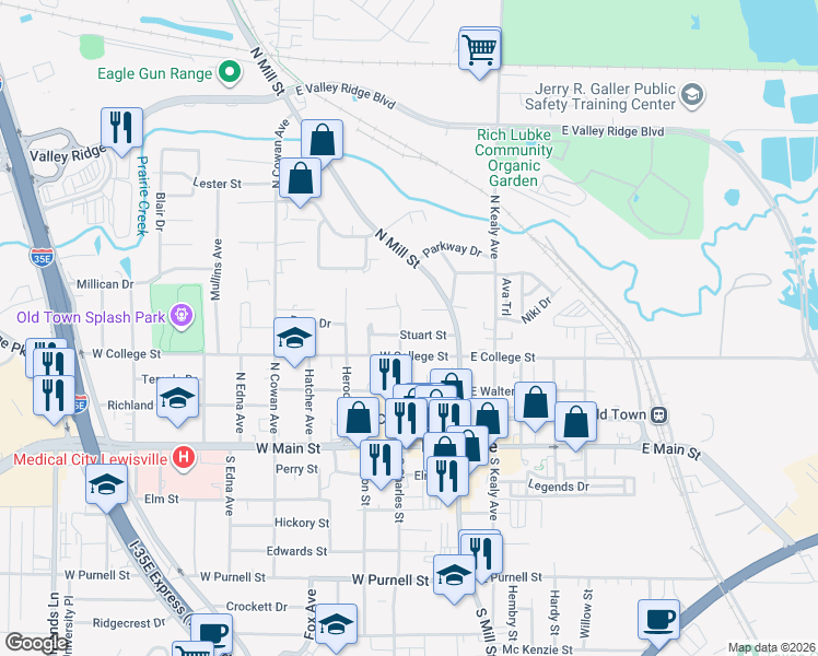 map of restaurants, bars, coffee shops, grocery stores, and more near 151 West College Street in Lewisville