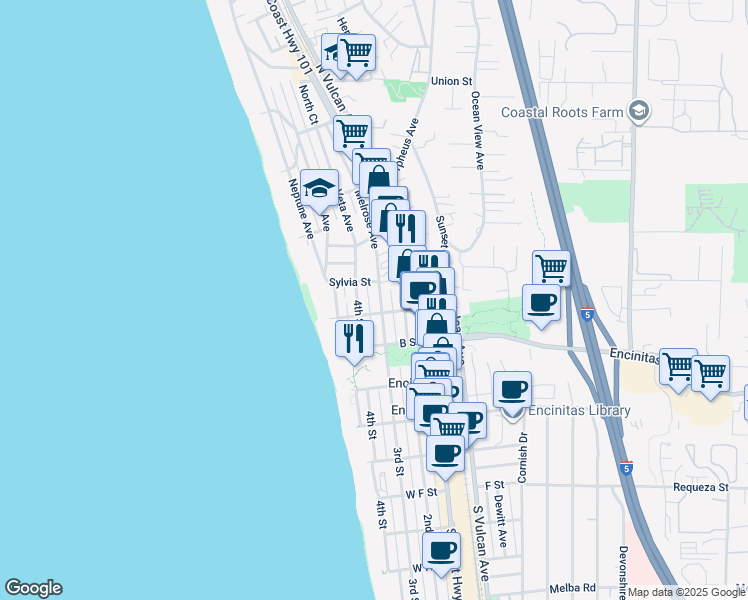 map of restaurants, bars, coffee shops, grocery stores, and more near 134 3rd Street in Encinitas