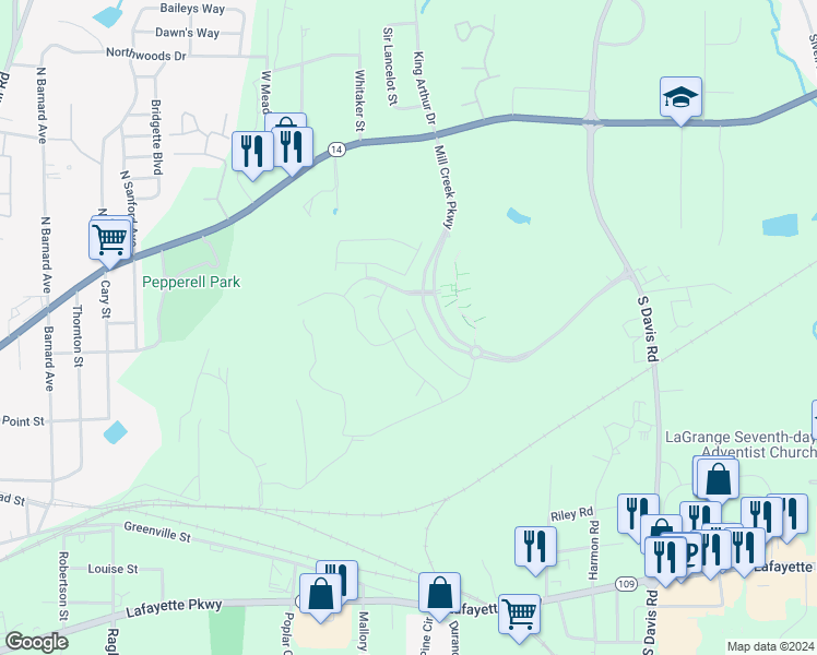 map of restaurants, bars, coffee shops, grocery stores, and more near 100 Shenandoah Lane in LaGrange