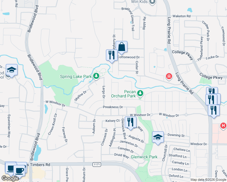 map of restaurants, bars, coffee shops, grocery stores, and more near 4804 Bayberry Street in Flower Mound