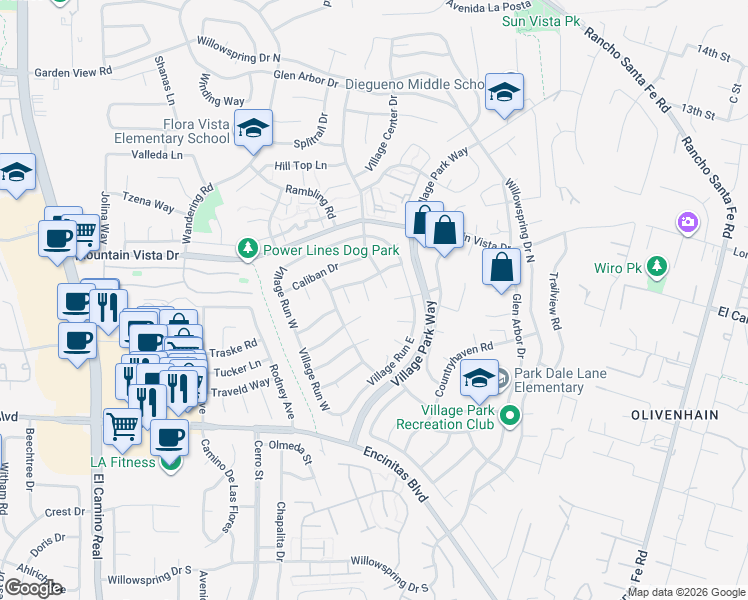map of restaurants, bars, coffee shops, grocery stores, and more near 261 Aspenwood Lane in Encinitas
