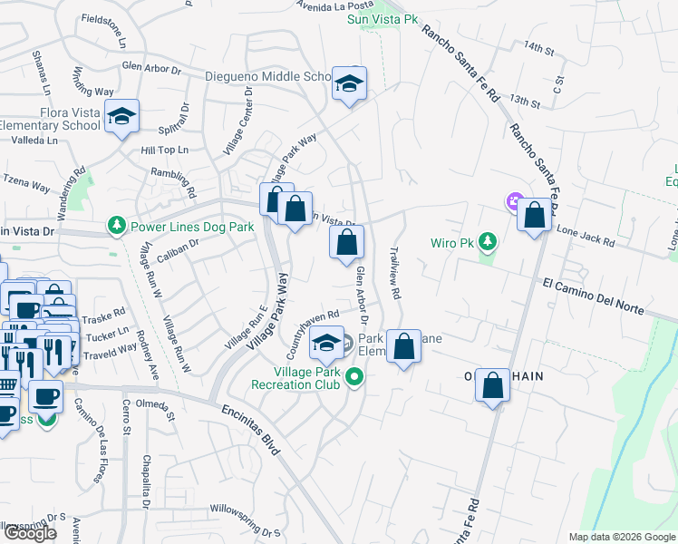 map of restaurants, bars, coffee shops, grocery stores, and more near 2027 Willowood Lane in Encinitas