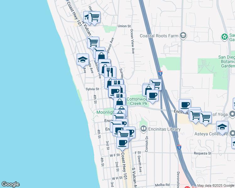 map of restaurants, bars, coffee shops, grocery stores, and more near 101 North Coast Highway 101 in Encinitas