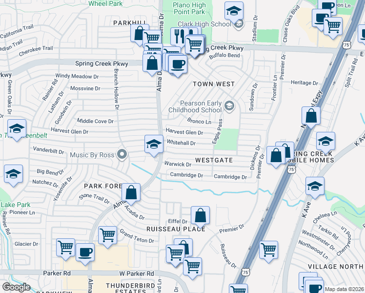 map of restaurants, bars, coffee shops, grocery stores, and more near 848 Harvest Glen Drive in Plano