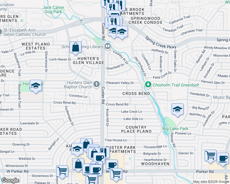 map of restaurants, bars, coffee shops, grocery stores, and more near 2000 Pleasant Valley Drive in Plano