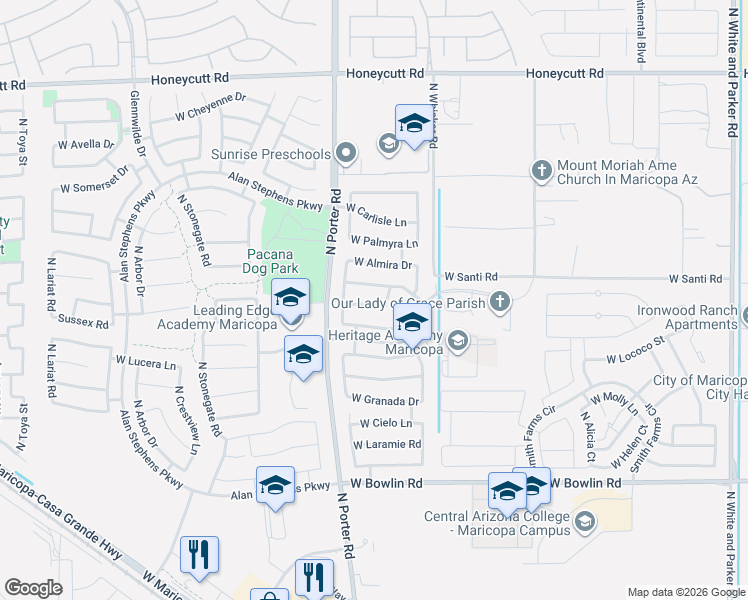 map of restaurants, bars, coffee shops, grocery stores, and more near 41404 West Centennial Drive in Maricopa