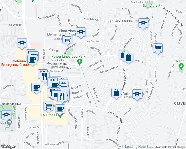 map of restaurants, bars, coffee shops, grocery stores, and more near 270 Caliban Court in Encinitas