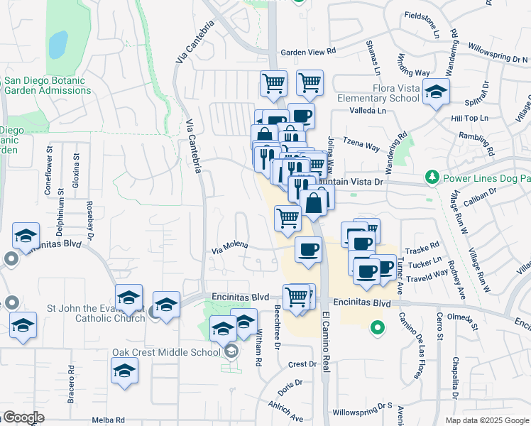 map of restaurants, bars, coffee shops, grocery stores, and more near 281 Via Tavira in Encinitas